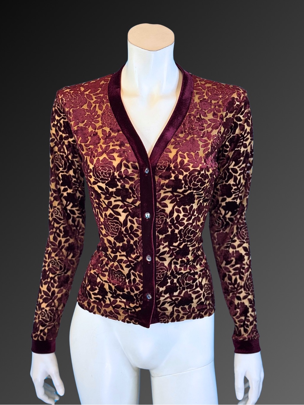 90s Burgundy Velvet Burnout Romantic Gothic Floral Devore Cardigan | XS S - Picture 8 of 11